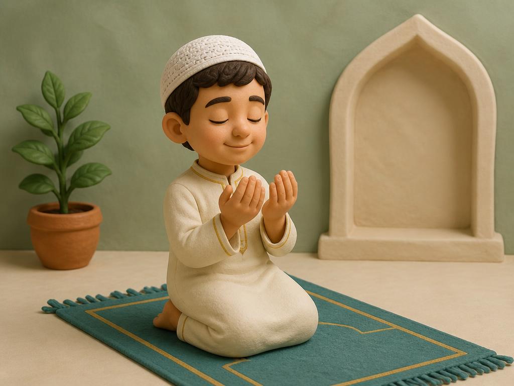 A clay boy kneels on a prayer rug with his palms cupped in front of him, making dua with his eyes closed.