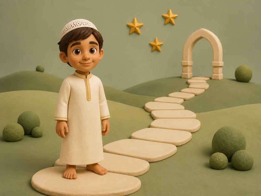 A clay boy stands at the start of a winding stepping-stone path leading to an archway, with gold stars above.