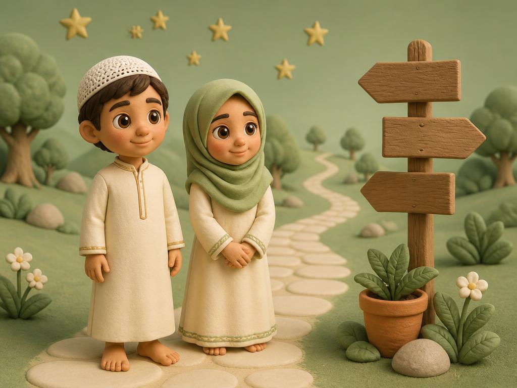 Two children standing at the start of a winding path beside a signpost