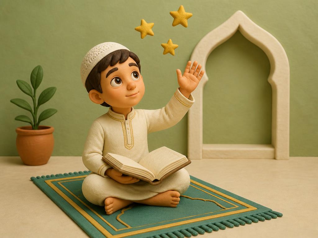A clay boy in a cream thobe sits on a prayer rug with an open book, reaching up towards three gold stars.