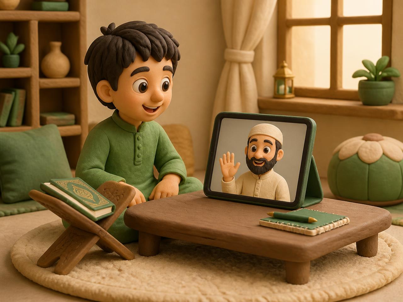 A child sitting at a low desk with a Qur'an stand, taking an online lesson from a smiling teacher on a tablet