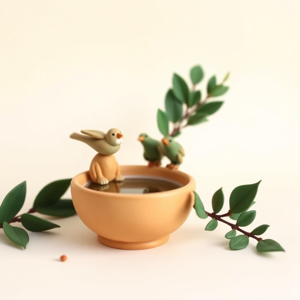 A clay bowl of water on the ground with small clay birds drinking and a leafy sprig beside it
