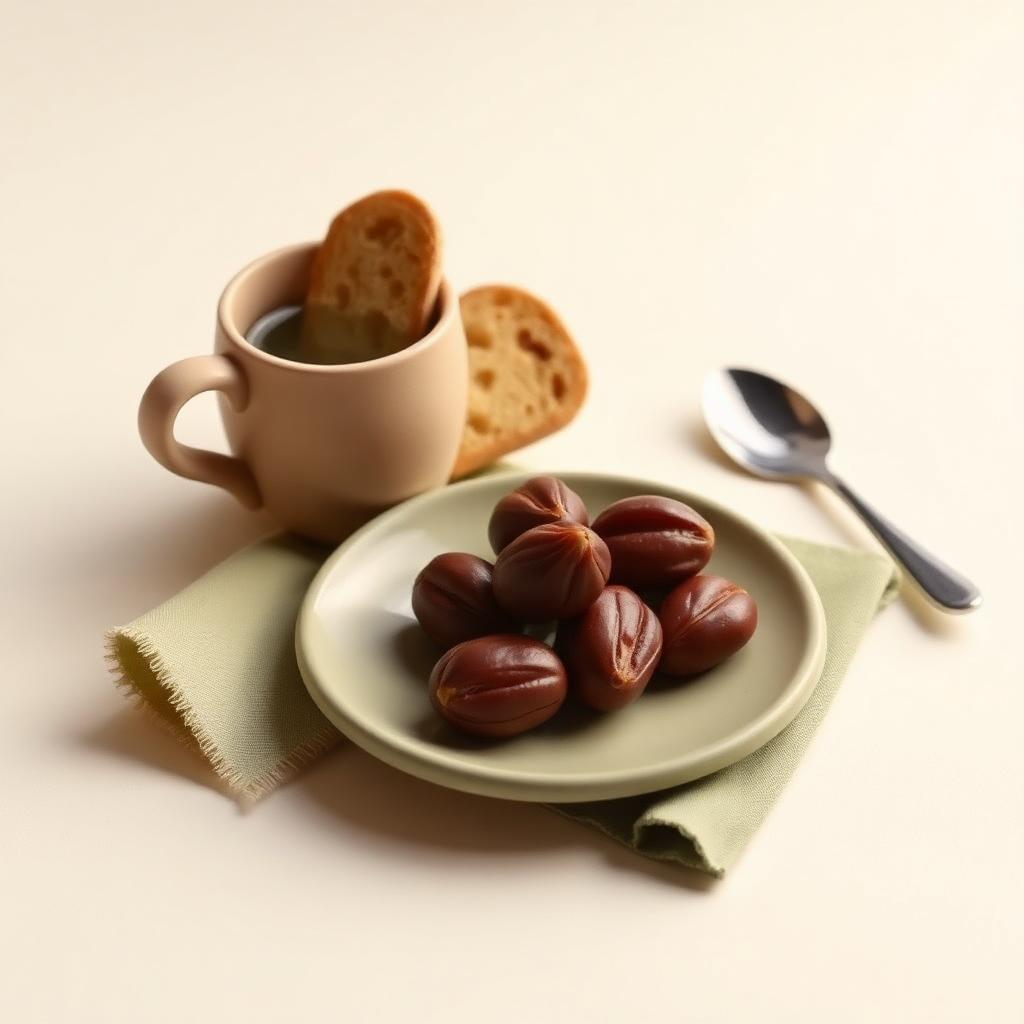 A clay plate of dates and bread with a cup of water and a folded green napkin