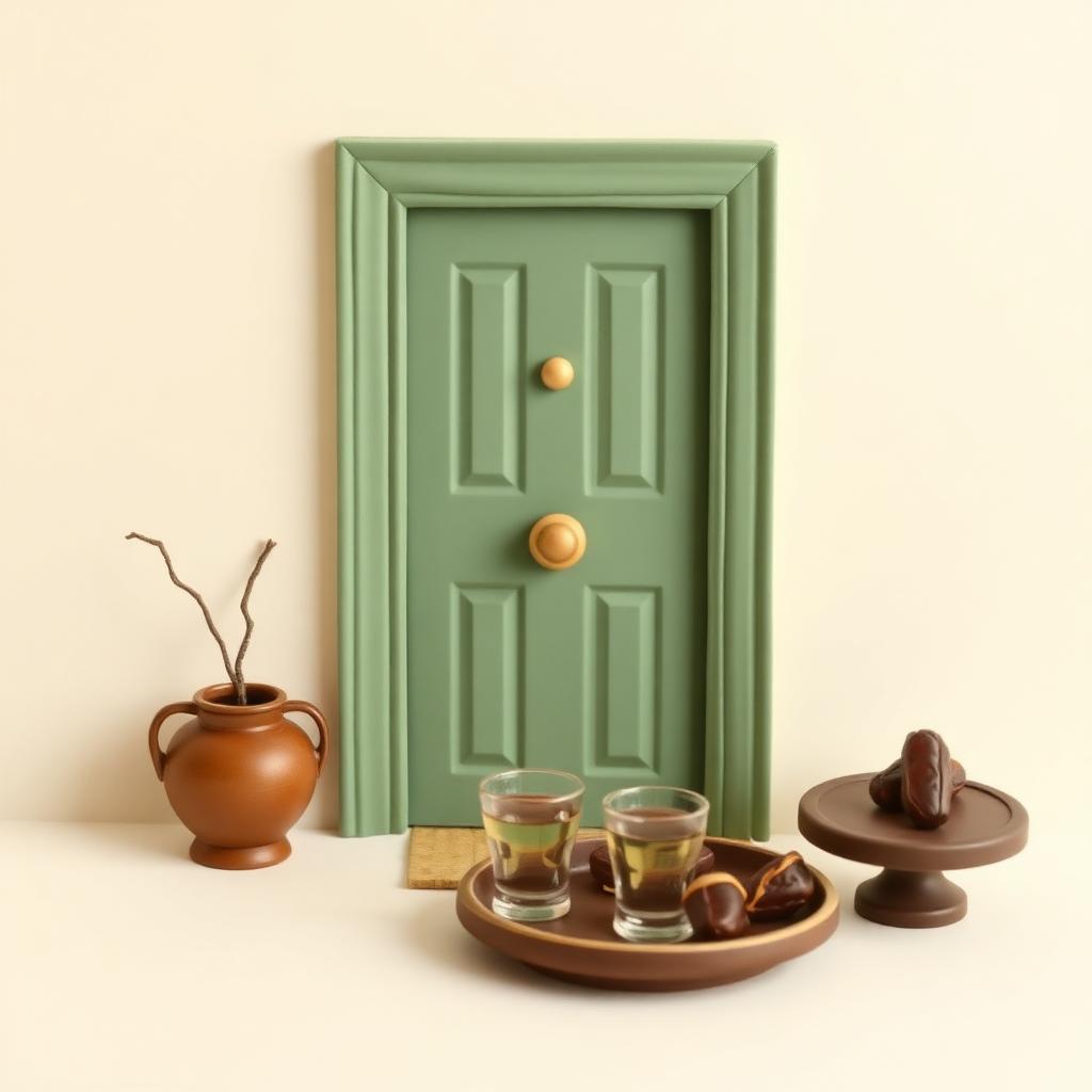 A clay front door with a gold knocker and a tray of tea glasses and dates on a low table