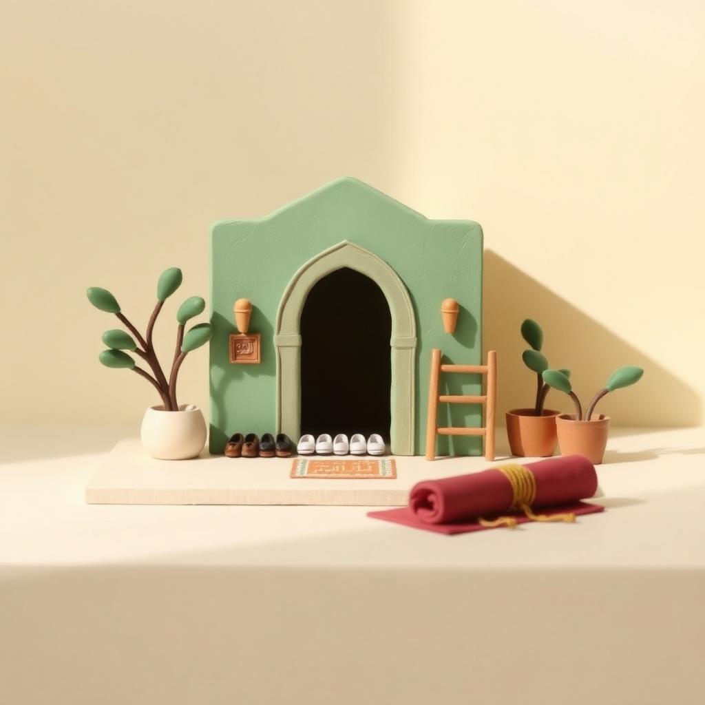 A clay masjid entrance with an arched doorway, a shoe rack and a rolled prayer mat