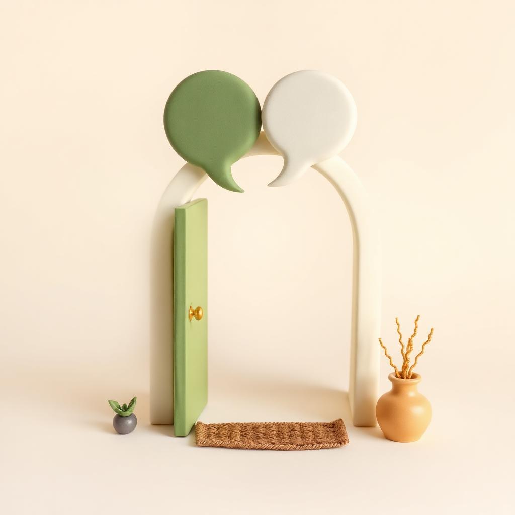 Two clay speech bubbles touching gently above an open clay doorway