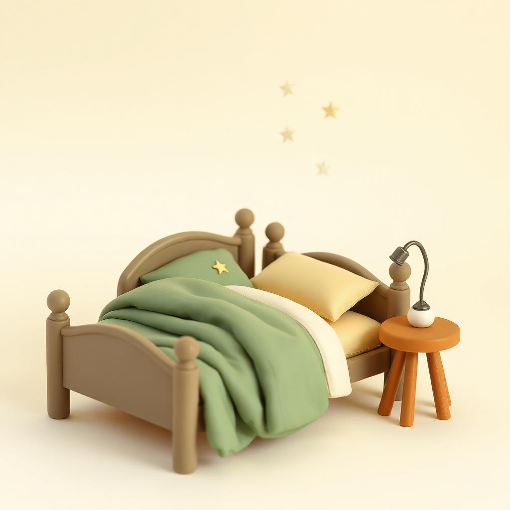 A clay bed with a folded green blanket, a crescent moon and small gold stars above