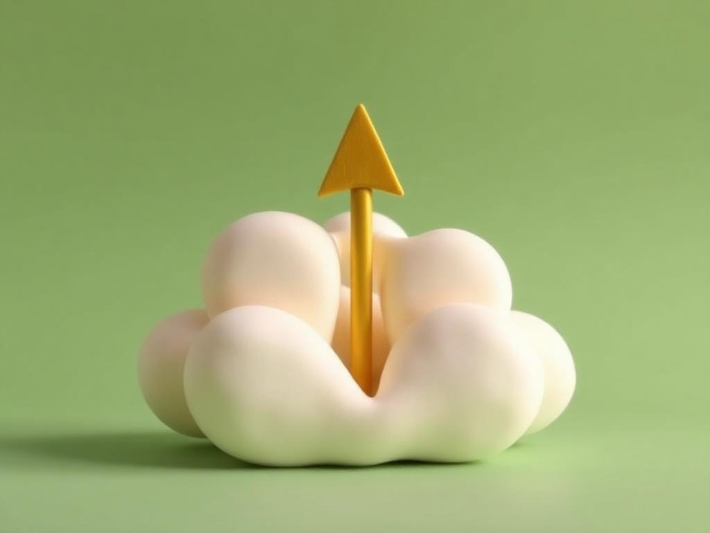 A cream clay cloud with a slender gold clay arrow rising through a gap in it against a sage sky