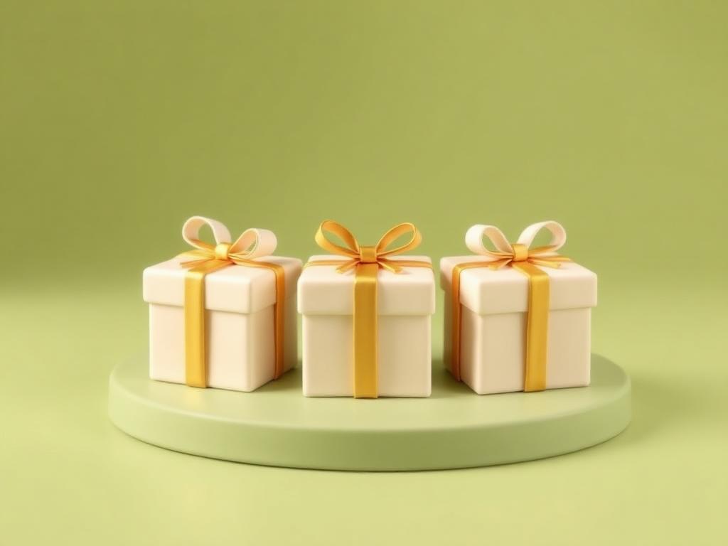 Three identical cream clay gift boxes of equal size with gold clay ribbons in a row on a sage clay platform