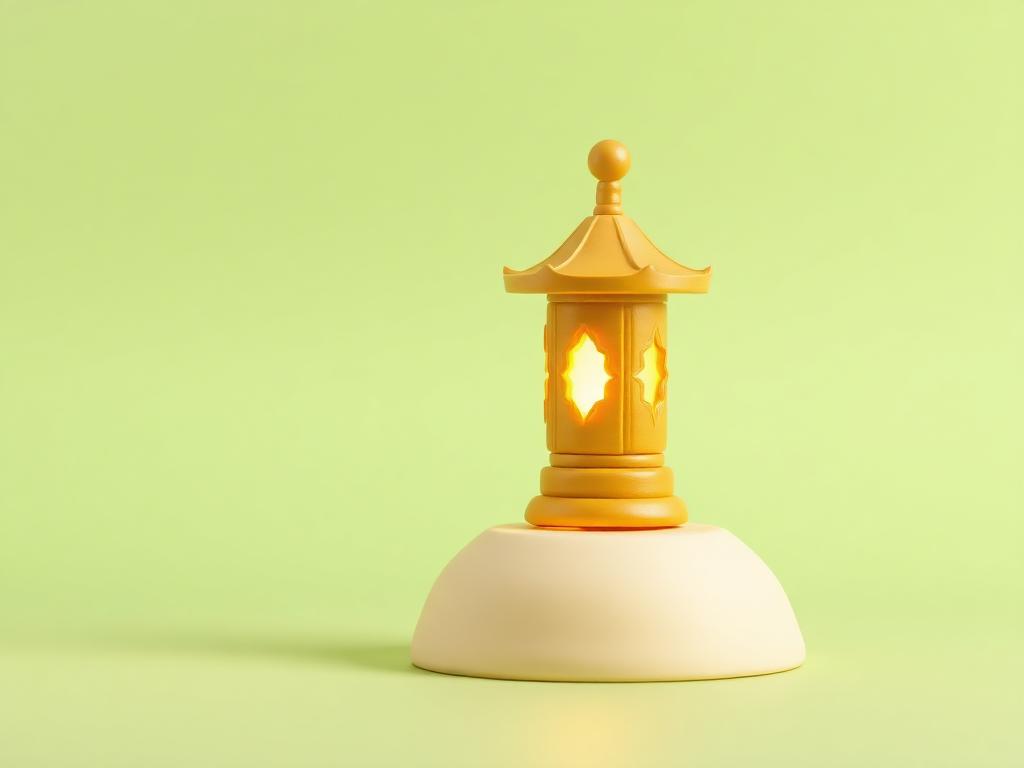 A glowing gold clay lantern on a cream clay pedestal against a sage background