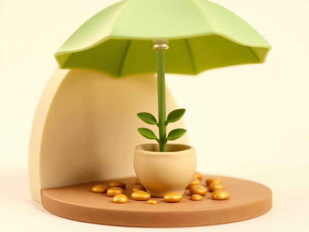 A sage clay umbrella sheltering a small cream clay pot with a green clay sapling, gold clay pebbles below
