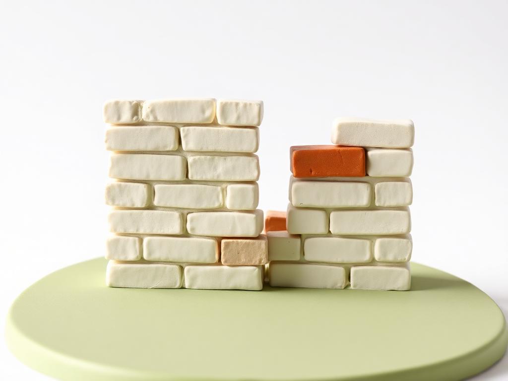 A cream clay brick wall with one crooked brick being pushed back into line on a sage clay base