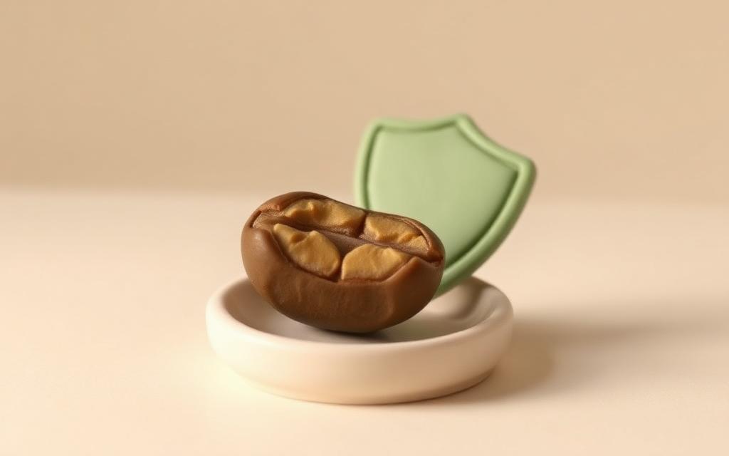 A clay date cut in half on a small cream dish with a little sage clay shield behind it