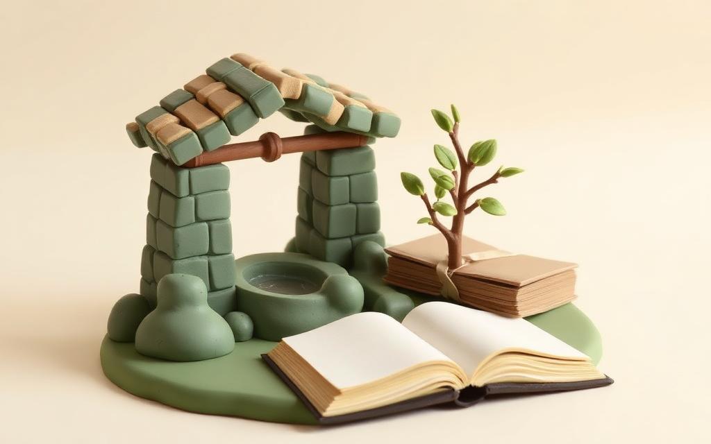 A clay well with a small stream feeding a young sapling, an open clay book resting beside them