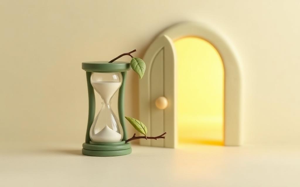 A clay hourglass and a falling clay leaf beside a rounded doorway opening into warm gold light