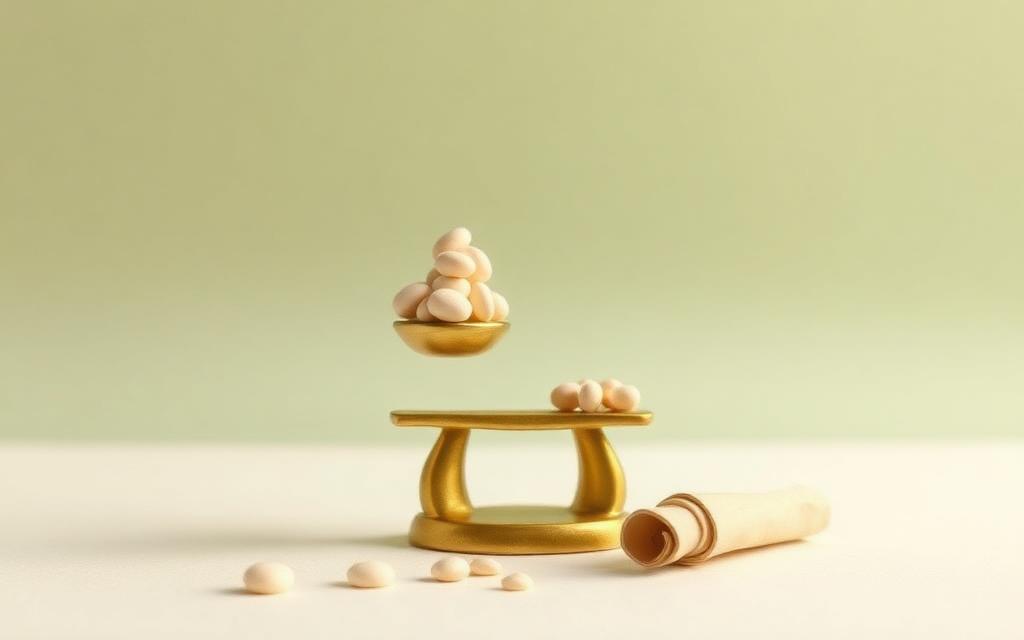 A small gold clay balance scale with cream pebbles piled higher on one side and a rolled clay scroll