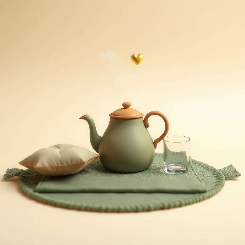 A clay kettle cooling on a green mat with steam rising into a small gold heart, a cushion beside it