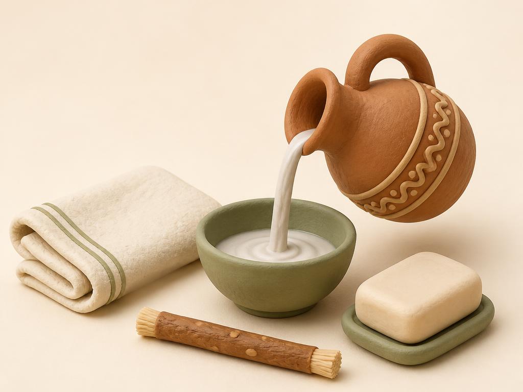 A clay water jug pouring into a bowl with a folded towel and a miswak stick beside it