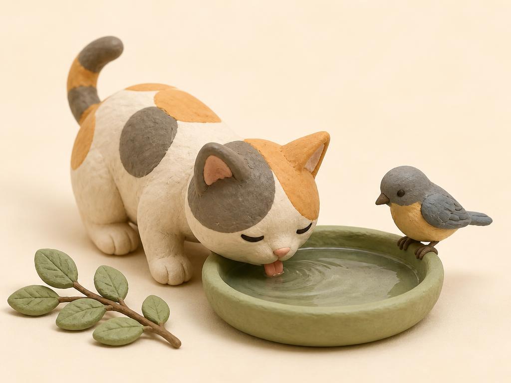 A clay bowl of water with a small bird and a kitten drinking from it side by side