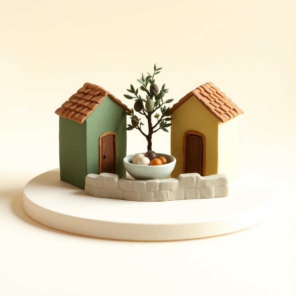 Two clay houses side by side sharing a bowl of food over a low wall, with an olive tree between them