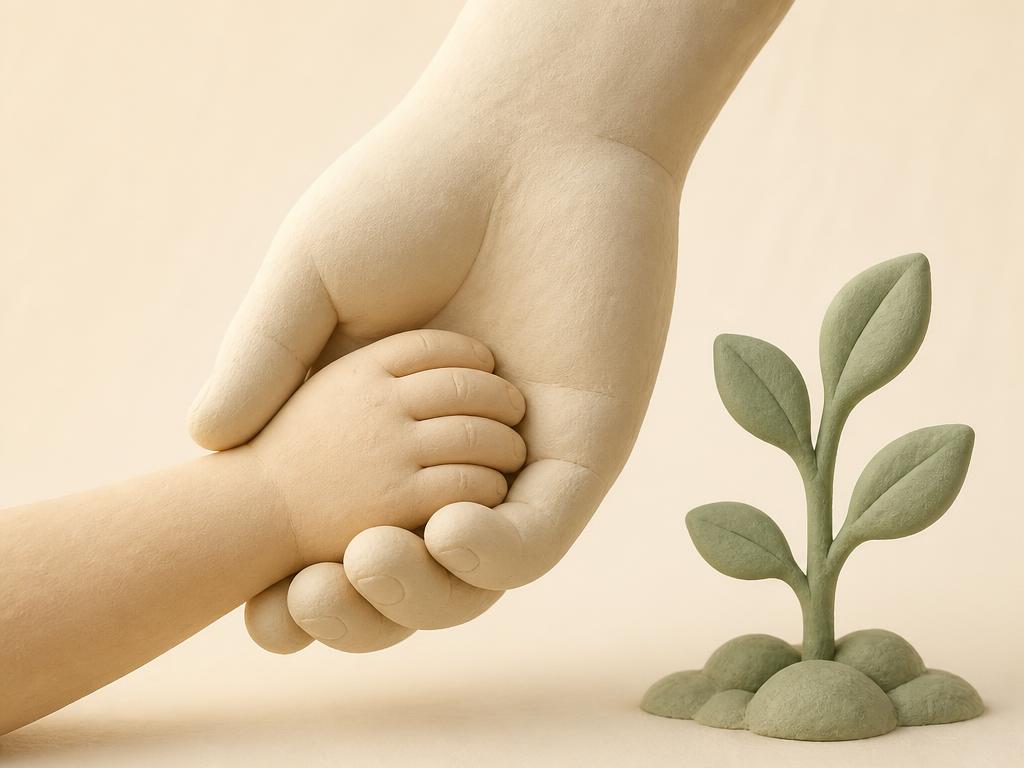 A small clay hand resting inside a larger clay hand, with a gold heart between them