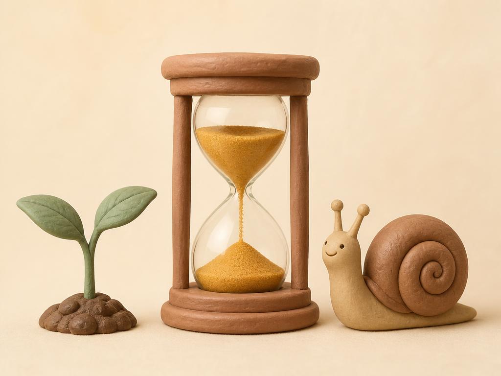 A clay hourglass with gold sand beside a small growing clay seedling