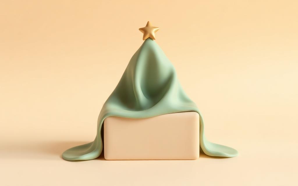 A sage clay cloak draped over a cream clay box with a small gold clay star above