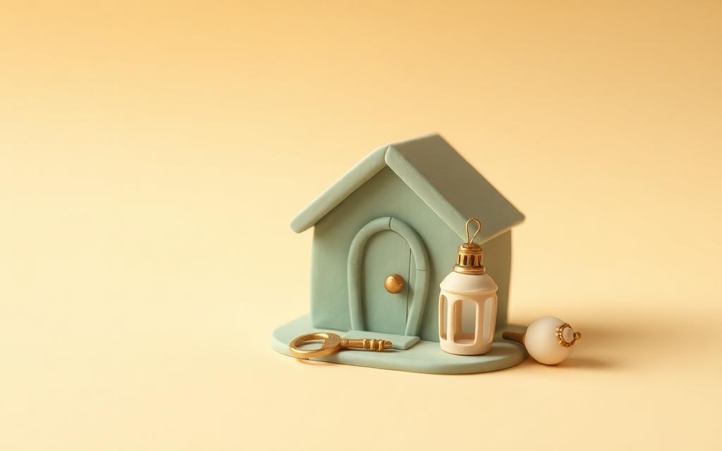 A small sage clay house with a gold clay key on the doorstep and a cream clay lantern beside it