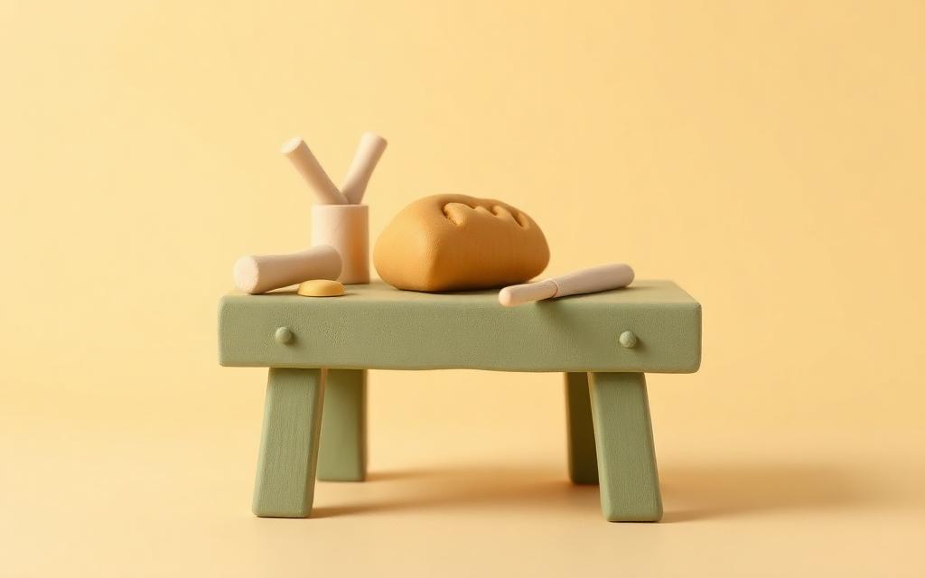 Simple cream clay tools and a gold clay loaf of bread on a sage clay workbench