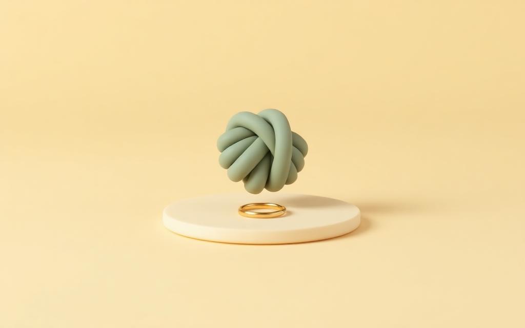 A sage clay knot tied around a small gold clay ring on a cream clay stand