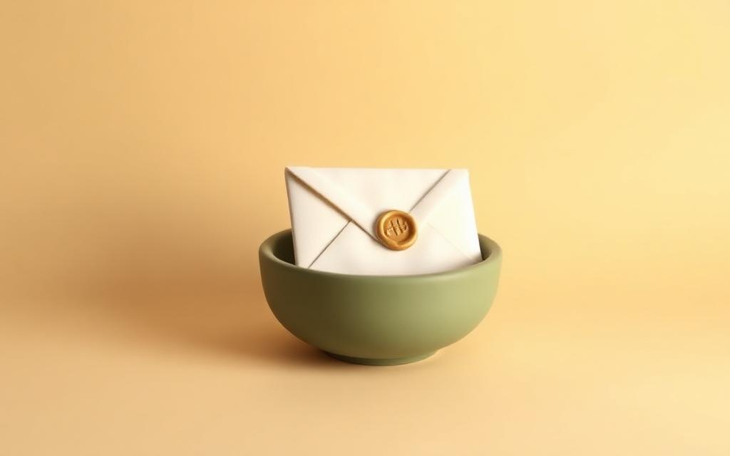 A cream clay envelope sealed with a gold clay wax seal inside a sage clay bowl