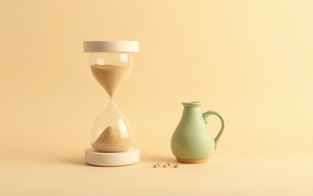 A cream clay hourglass with gold clay sand beside a small sage clay water flask