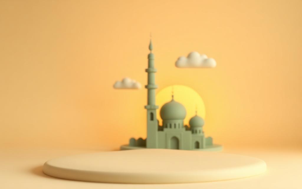 A sage clay minaret at dawn with a gold clay sun low behind it and two cream clay clouds