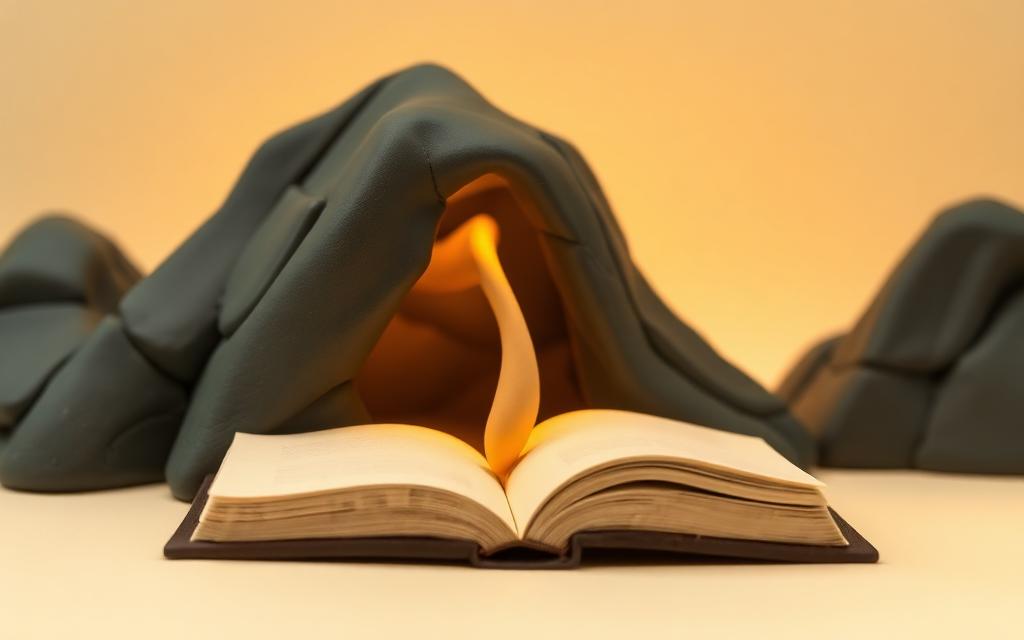 A clay cave opening in a sage clay mountain with a gold clay light beam falling on a cream clay open book