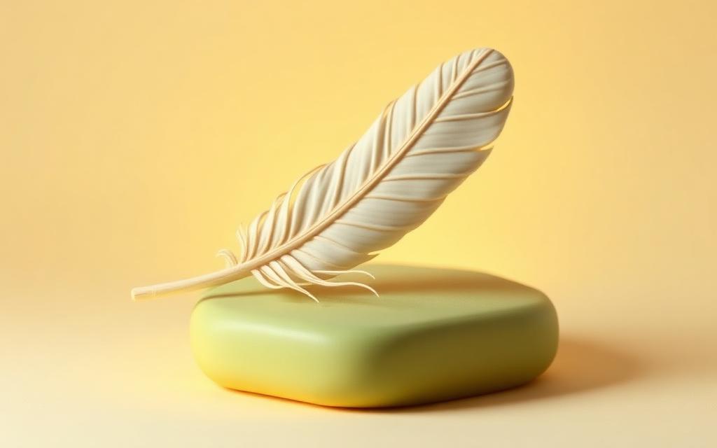 A soft glowing cream clay feather resting on a sage clay surface with gold clay light rays
