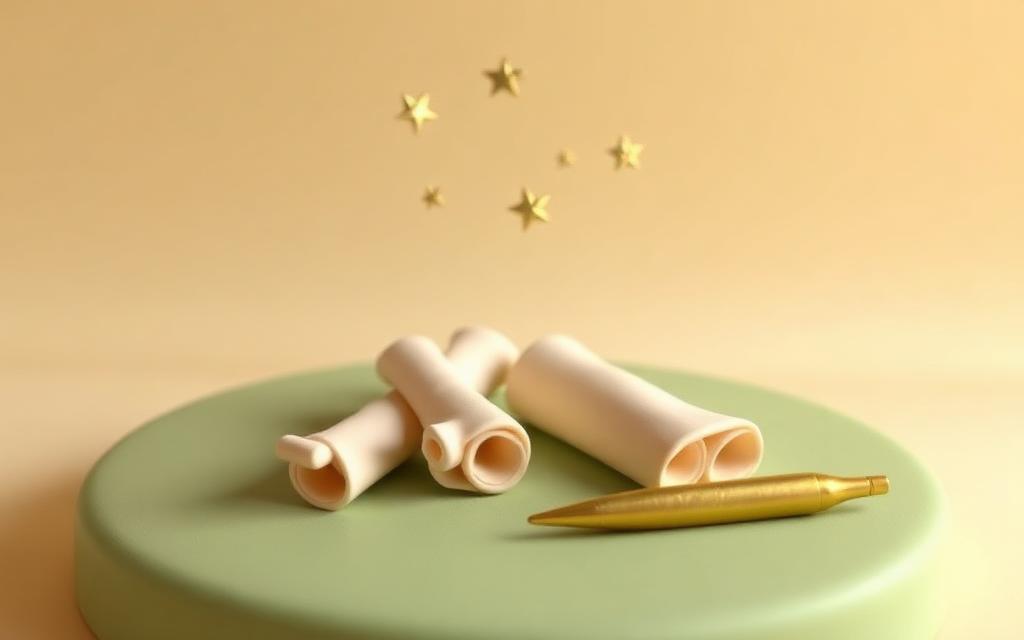 Two small cream clay scrolls and a gold clay pen resting on a sage clay desk with clay stars above