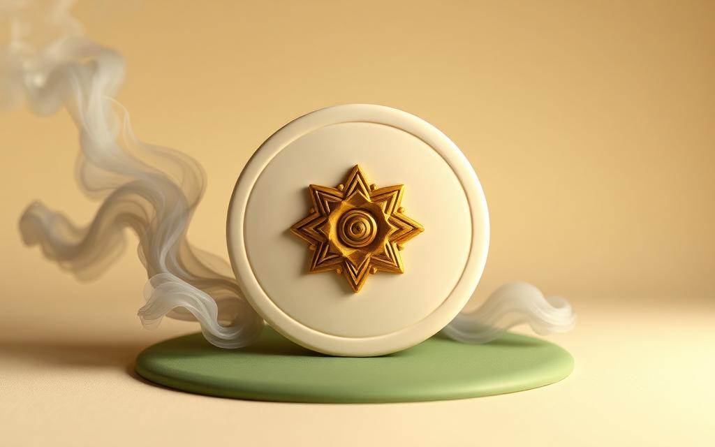 A cream clay shield with a gold clay eight-point star at its centre standing in front of grey clay smoke wisps