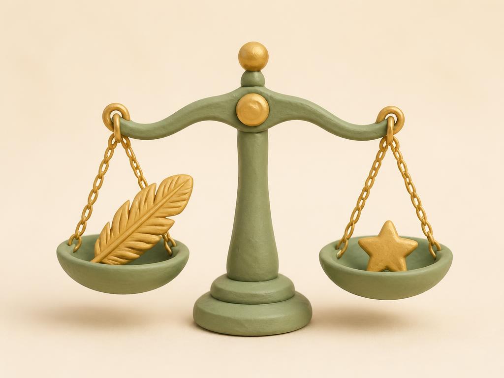 A clay balance scale with a gold feather on one side and a small star on the other