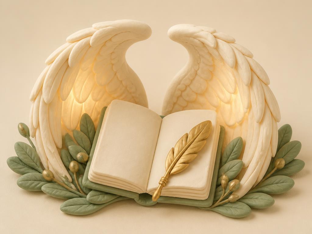 Two soft clay wings of light framing a small open notebook and quill on a cream background