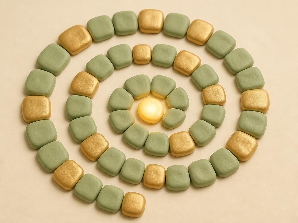 Ninety-nine small clay tiles arranged in a spiral, each glowing softly in gold and teal