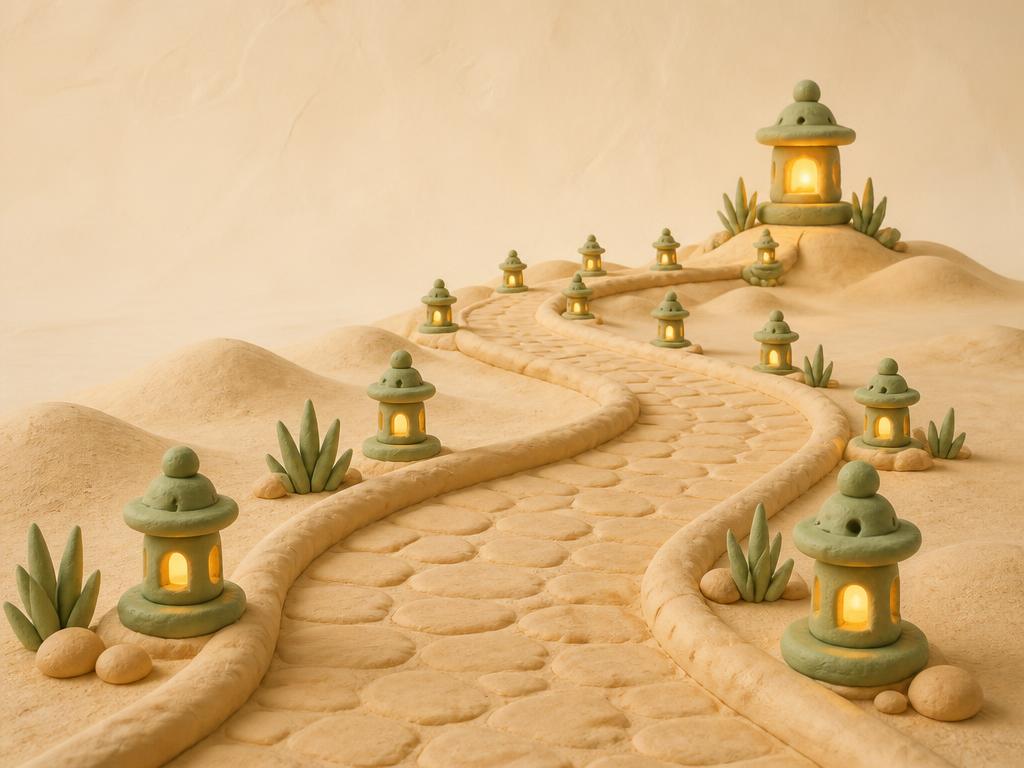 A clay desert path with twenty-five small lanterns leading toward a single bright lantern