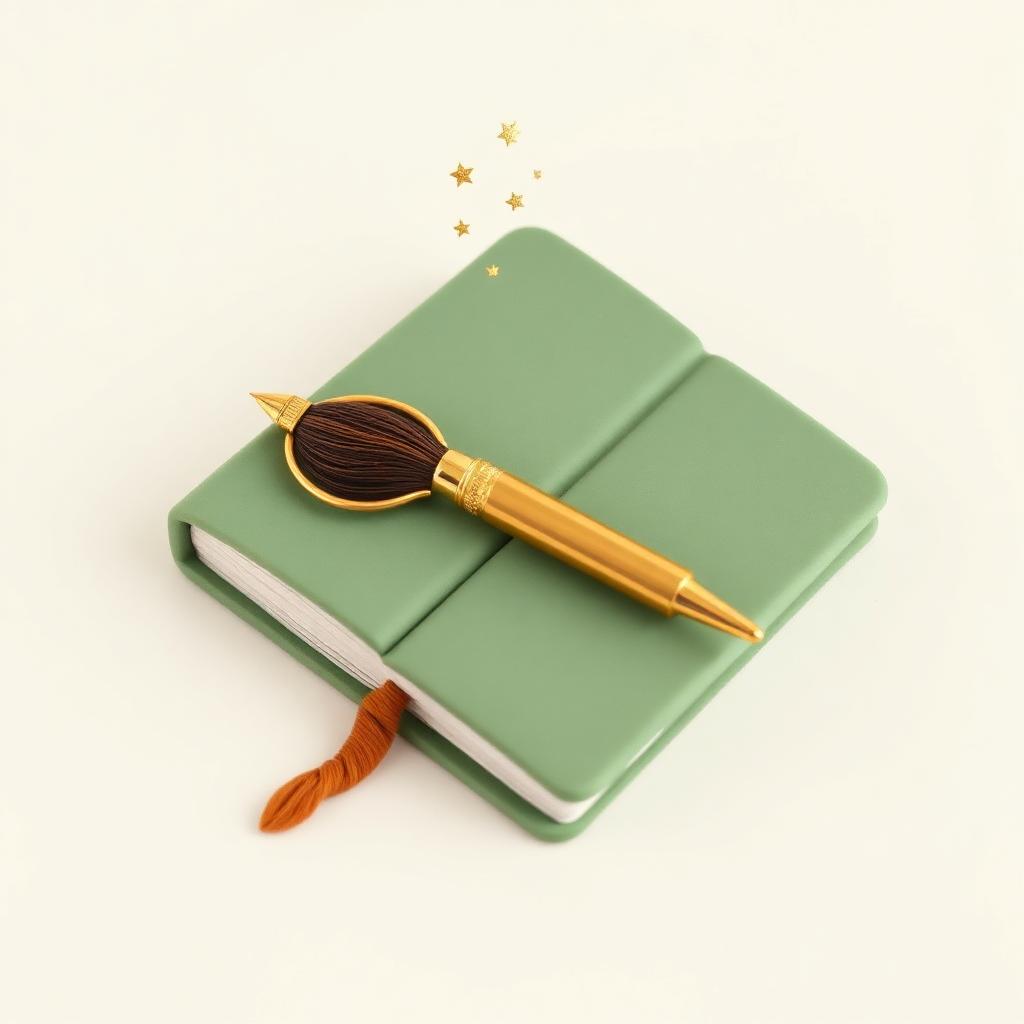 A closed clay book with a gold pen laid across it and tiny gold stars above