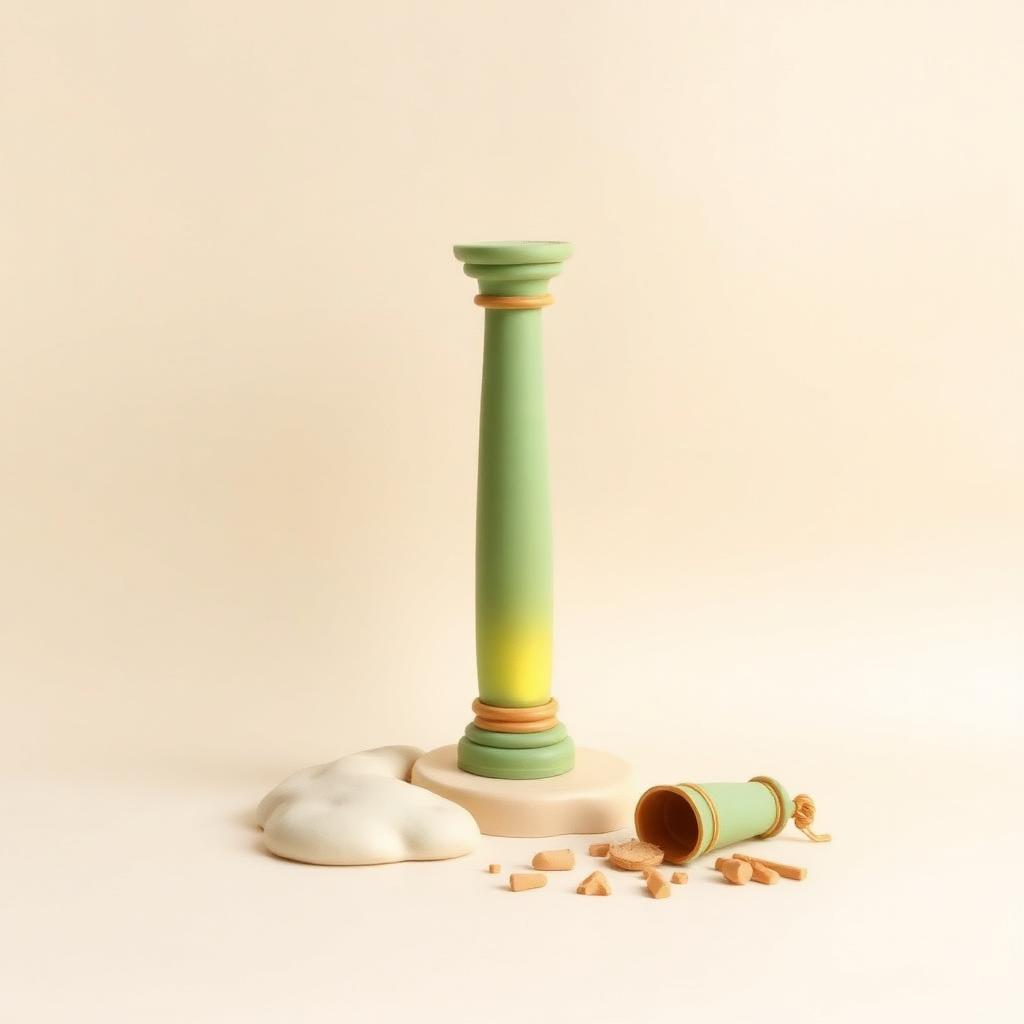 A single tall clay pillar standing alone and glowing, with broken idol fragments swept aside