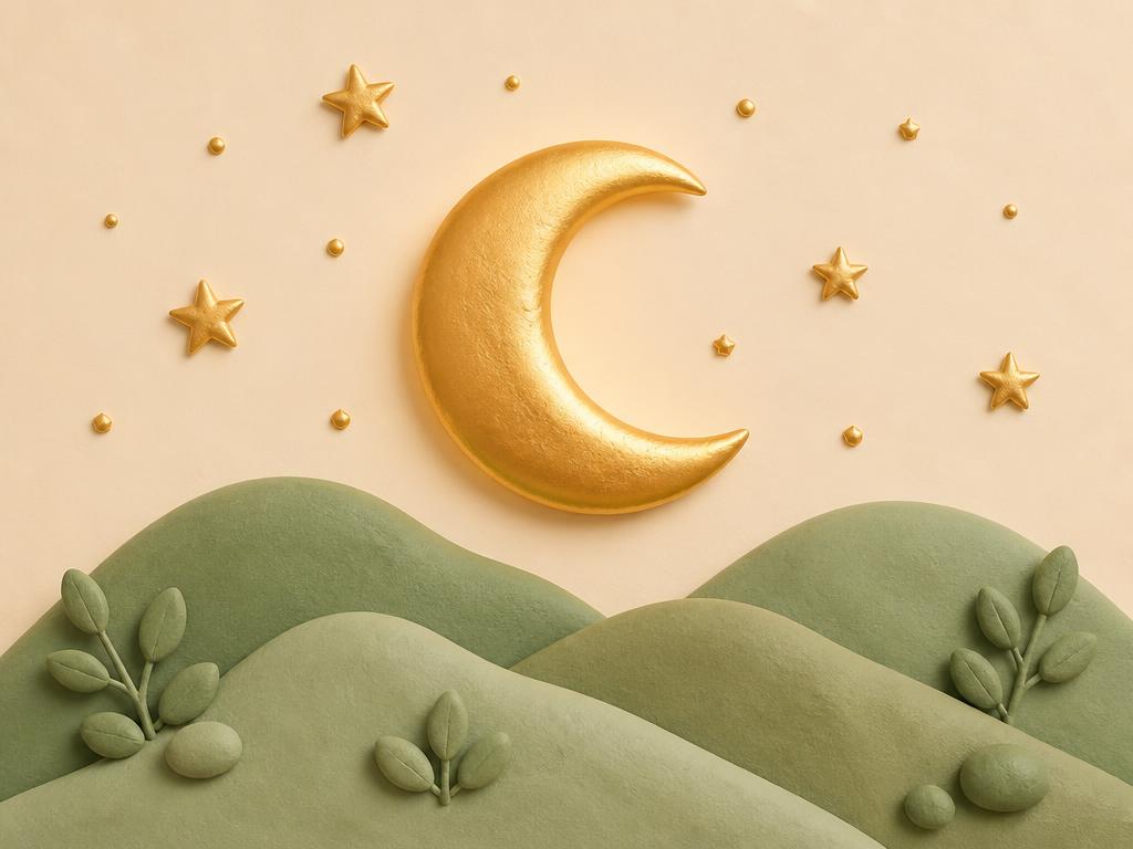 A soft clay night sky with a crescent, stars and an open lantern of light