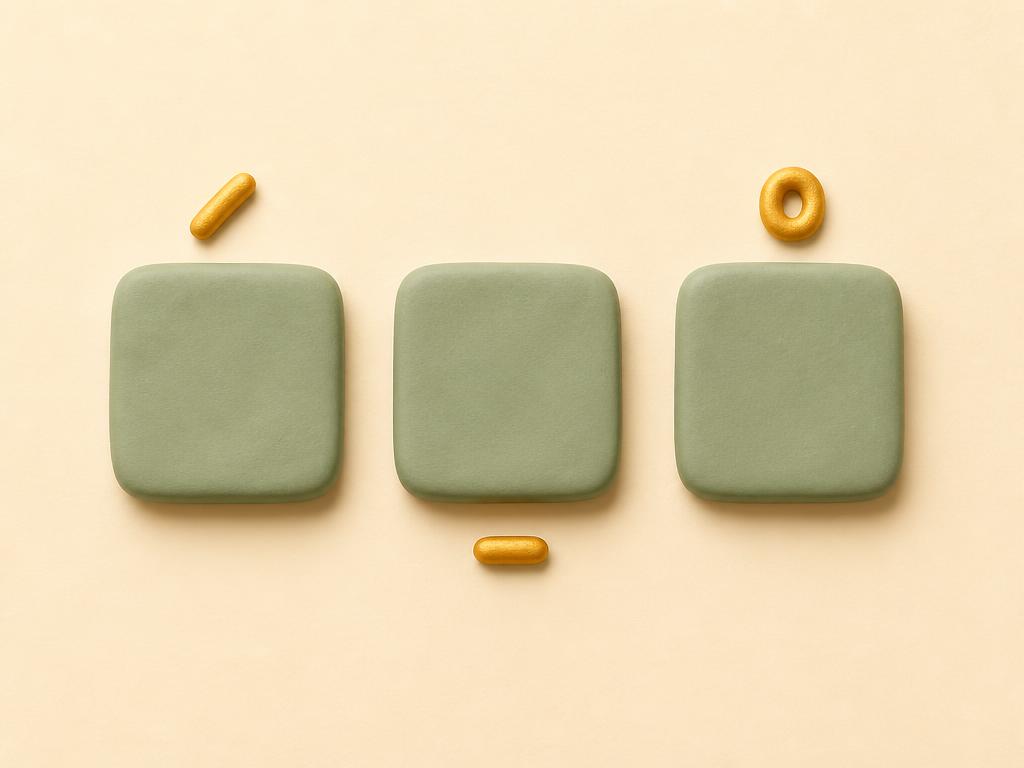 Three clay letter tiles with small gold vowel marks floating above and below them