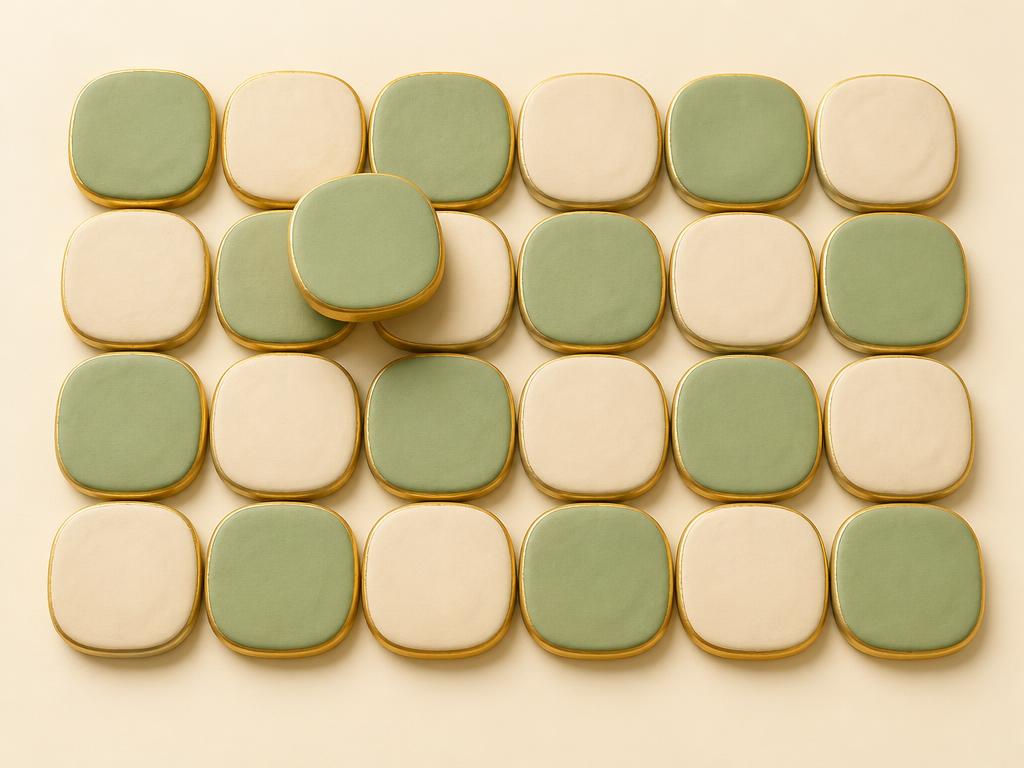 Clay tiles of Arabic letters arranged in neat rows in cream, sage and gold