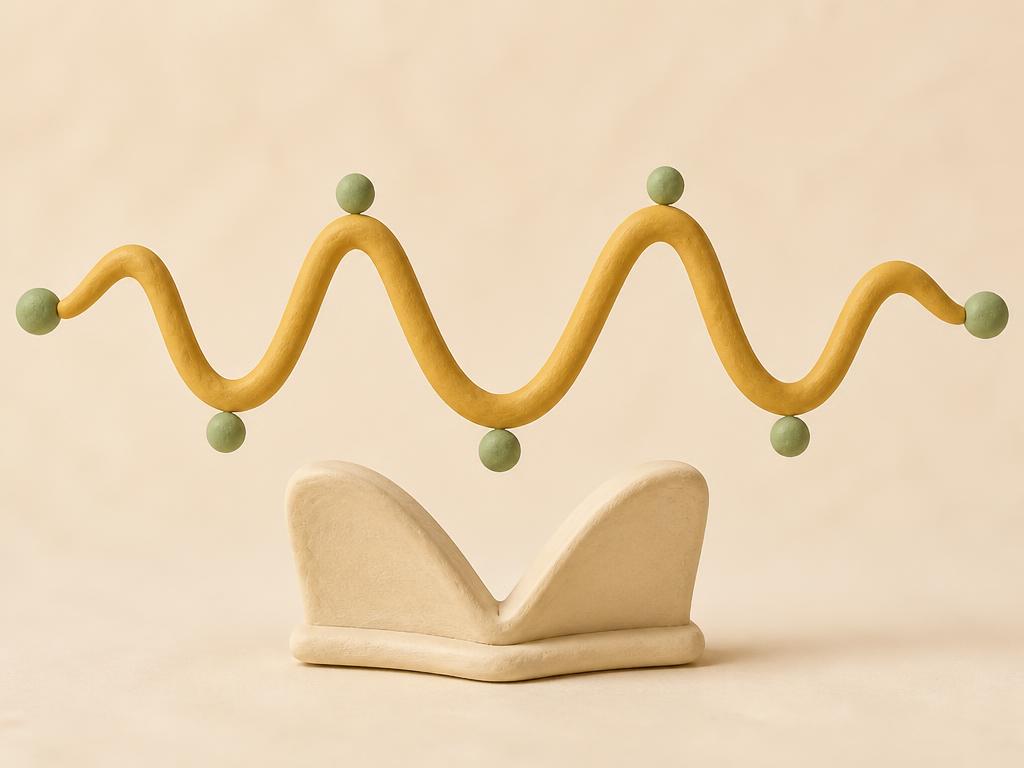 A clay sound wave curving out of an open book, with soft gold ripples