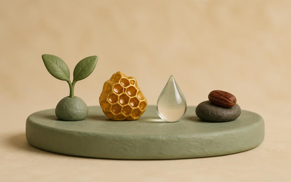 A round sage clay podium holding a clay seedling, a gold clay honeycomb, a clear clay water drop and a clay pebble with a date stone