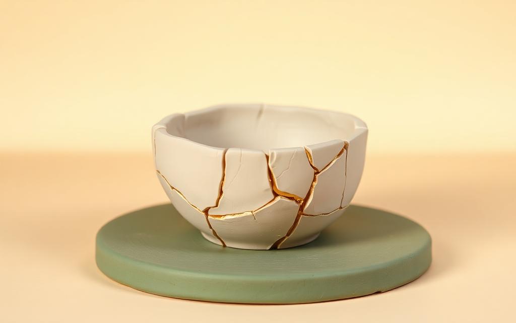 A cracked cream clay bowl being mended with gold clay seams on a sage clay surface