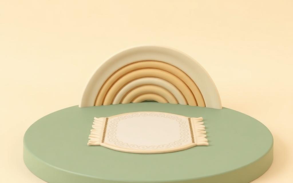 A cream clay prayer mat on sage clay ground with gold clay concentric ripple rings rising behind it like sound waves